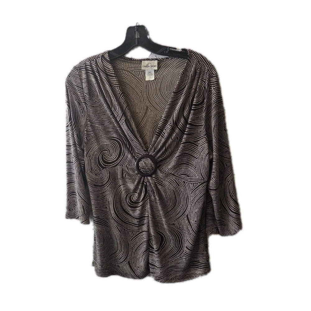 Caren Sport 1X Brown Swirl Print Top‎ V-Neck Ring Detail 3/4 Sleeve